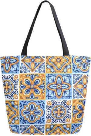Canvas Tote Bag Italian Ceramic Tile Woman Beach Bag Tribal Ethic Shoulder Bag School Had Bag Handbag Holiday Gift