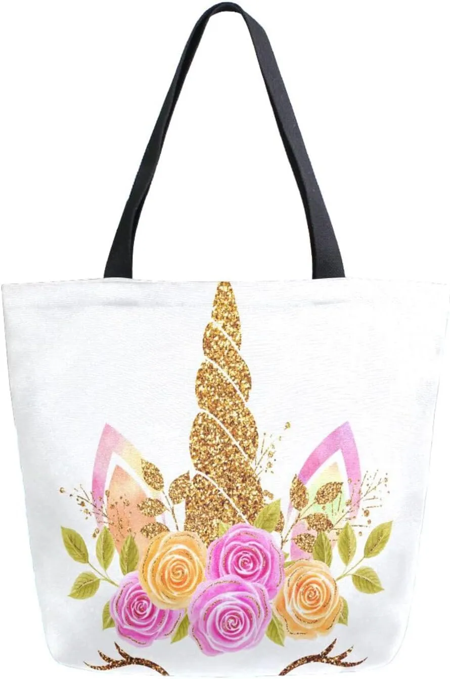 Canvas Tote Bag Magic Unicorn Woman Beach Bag Glittering Horn Roses Flowers Shoulder Bag