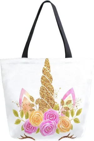 Canvas Tote Bag Magic Unicorn Woman Beach Bag Glittering Horn Roses Flowers Shoulder Bag