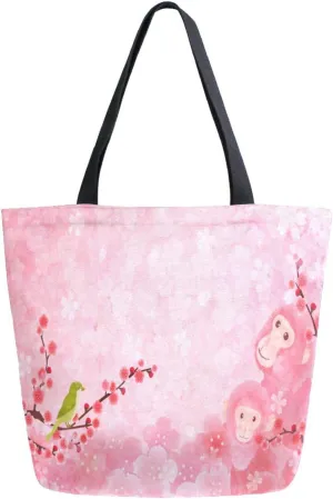Canvas Tote Bag Monkey Plum Pink Woman Beach Bag New Year's Birds Flowers Shoulder Bag School Had Bag