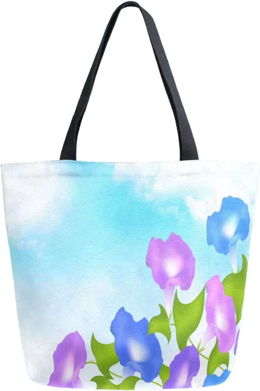 Canvas Tote Bag Morning Glory Blue Sky Woman Beach Bag Watercolor Summer Flowers Shoulder Bag School Had Bag