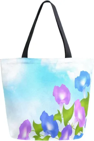 Canvas Tote Bag Morning Glory Blue Sky Woman Beach Bag Watercolor Summer Flowers Shoulder Bag School Had Bag