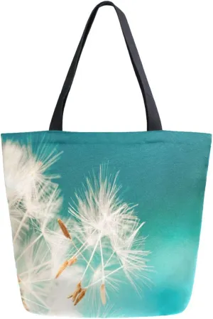 Canvas Tote Bag Spring Dandelion Seeds Woman Beach Bag Blue Turquoise Shoulder Bag School Had Bag Handbag Holiday Gift