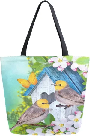 Canvas Tote Bag Spring Flowers Birdhouse Woman Beach Bag Bird Titmouse Shoulder Bag School Had Bag Handbag Holiday Gift