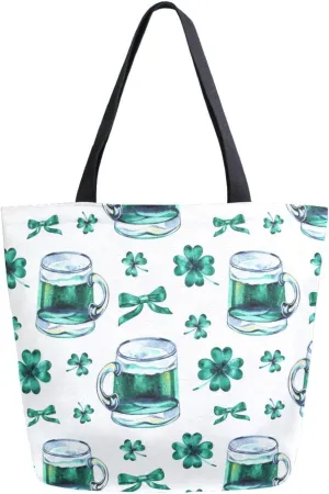 Canvas Tote Bag St Holiday Bow Beer Woman Beach Bag Vintage Retro Clover Shoulder Bag School Had Bag Handbag Holiday Gift