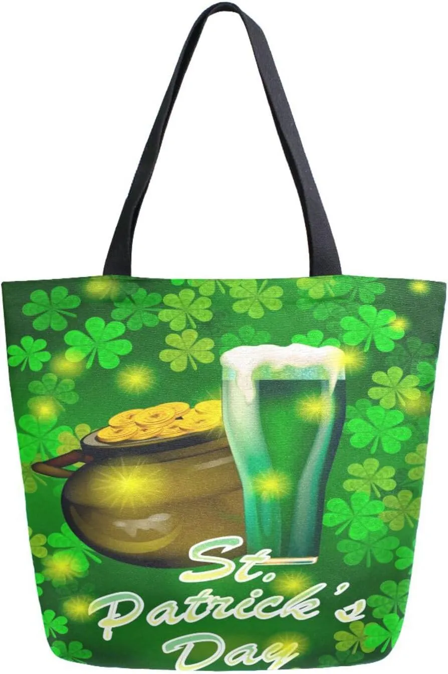 Canvas Tote Bag St Shamrock Glowing Woman Beach Bag Lucky Clover Shoulder Bag School