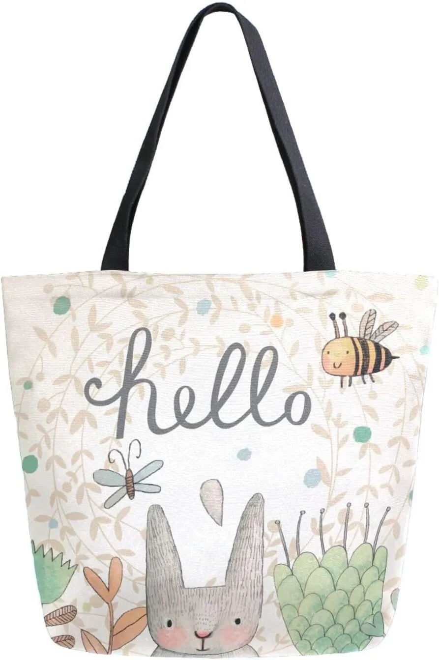 Canvas Tote Bag Stunning Cute Rabbit Woman Beach Bag Butterfly Bee Summer Flowers Shoulder Bag School Had Bag Handbag Holiday Gift