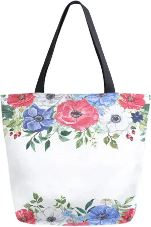 Canvas Tote Bag Summer Floral Frame Women Shoulder Bag Spring Flowers Leaves Reusable Grocery Bags Large Handbag Travel Shopping Bag for School Nursing Gift Outdoors
