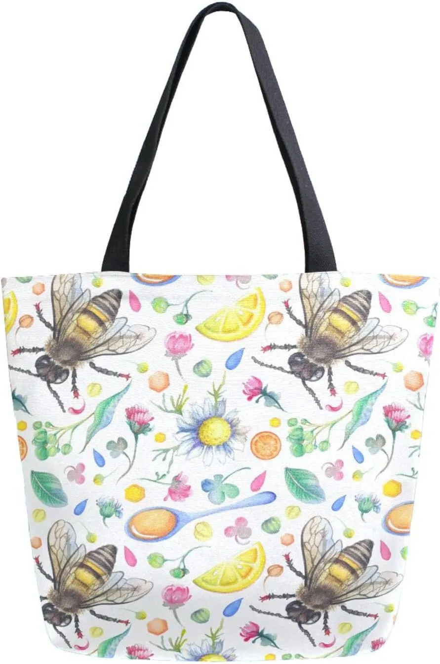 Canvas Tote Bag Summer Lemon Bee Woman Beach Bag Honey Daisies Flowers Shoulder Bag School Had Bag Handbag Holiday Gift