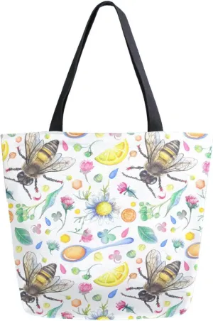Canvas Tote Bag Summer Lemon Bee Woman Beach Bag Honey Daisies Flowers Shoulder Bag School Had Bag Handbag Holiday Gift