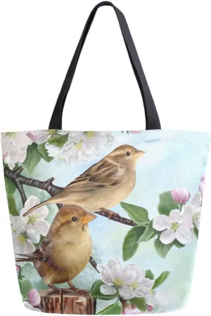 Canvas Tote Bag Two Sparrow Birds Woman Beach Bag Branch Of Apple Flowers Shoulder Bag School Had Bag Large Reusable Handbag Lightweight for Shopping Grocery Travel Holiday Gift