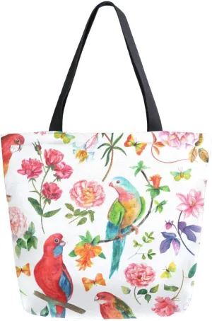 Canvas Tote Bag Vintage Bird Roses Flowers Woman Beach Bag Butterflies Shoulder Bag School Had Bag Handbag Holiday Gift