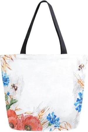 Canvas Tote Bag Vintage Poppy Bees Woman Beach Bag Autumn Wheat Flowers Shoulder Bag School Had Bag Handbag Holiday Gift