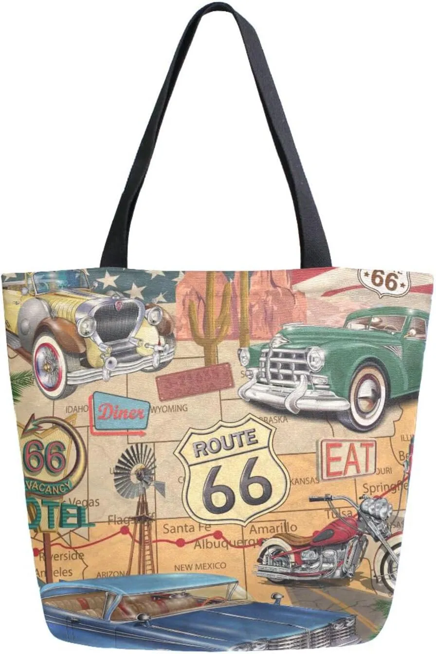 Canvas Tote Bag Vintage Route 66 Woman Beach Bag Retro Grunge Truck Shoulder Bag School