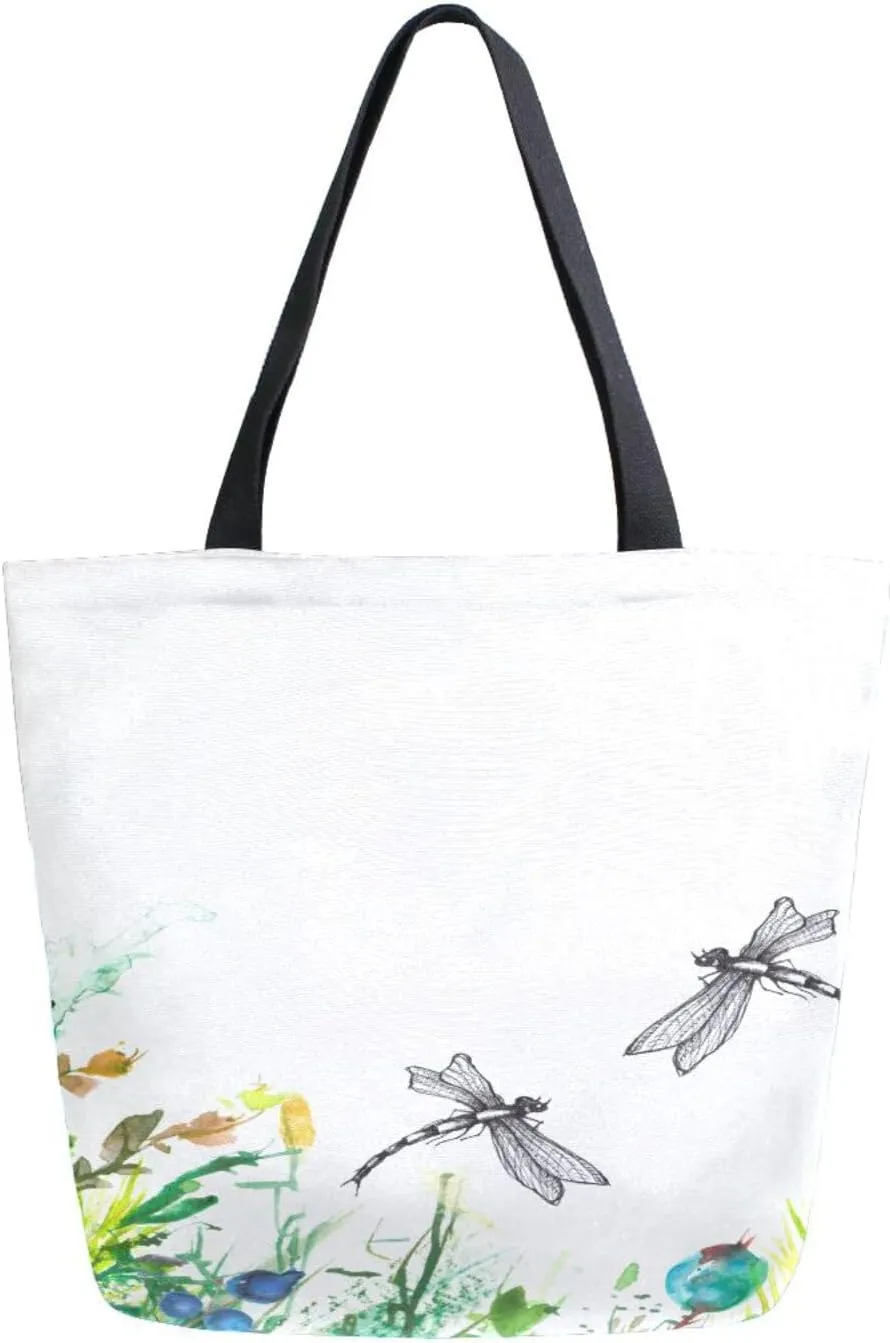 Canvas Tote Bag Watercolor Dragonfly Flowers Woman Beach Bag Spring Summer Floral Shoulder Bag School Had Bag Handbag Holiday Gift