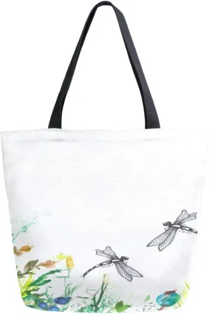 Canvas Tote Bag Watercolor Dragonfly Flowers Woman Beach Bag Spring Summer Floral Shoulder Bag School Had Bag Handbag Holiday Gift