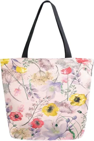 Canvas Tote Bag Watercolor Floral Poppies Woman Beach Bag Pink Vintage Shoulder Bag School Had Bag Handbag Holiday Gift