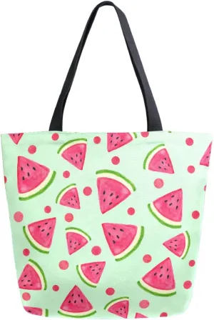 Canvas Tote Bag Watermelon Slices Women Shoulder Bag Summer Watercolor Dots Reusable Grocery Bags Large Handbag Travel Shopping Bag for School Nursing Gift Outdoors