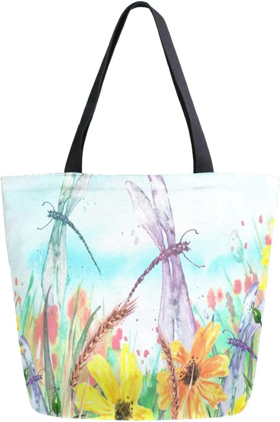 Canvas Tote Bag Wild Grasses Flowers Woman Beach Bag Green Plants Dragonfly Shoulder Bag School Had Bag Handbag Holiday Gift