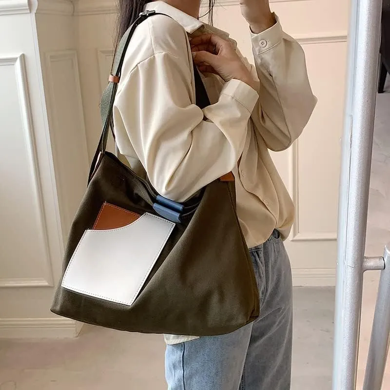 Canvas Tote Bag Women Messenger Crossbody Large Capacity Daily Work Casual Handles Pockets Handbags