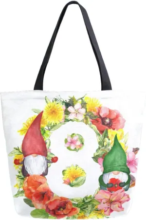 Canvas Tote Bag Women's Day Gnomes Woman Beach Bag March 8 Flowers Poppies Shoulder Bag