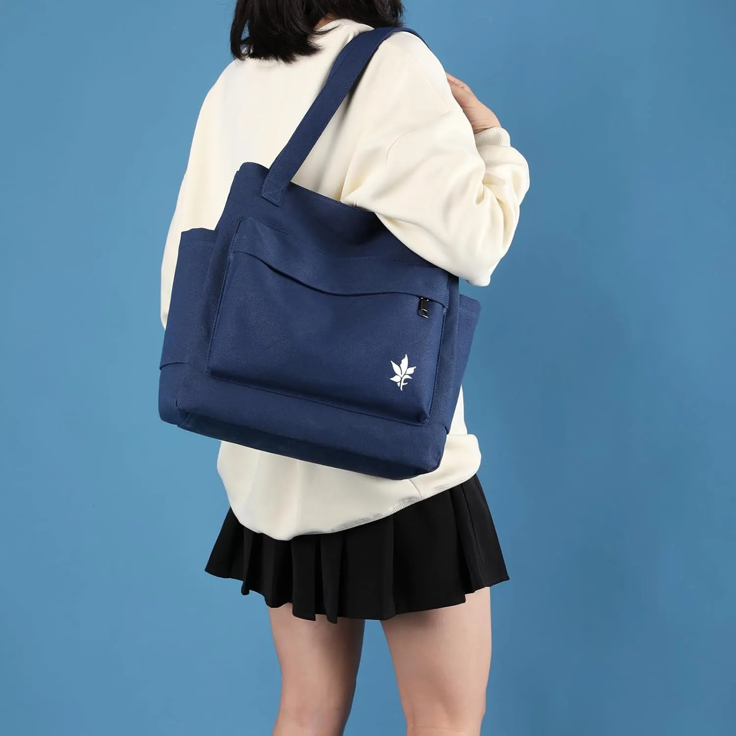 Canvas Tote Handbag Shoulder Bag with Zipper Front Back Side Pockets for Casual College Work