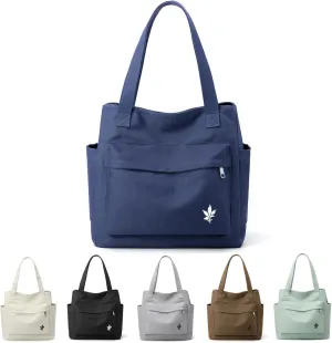 Canvas Tote Handbag Shoulder Bag with Zipper Front Back Side Pockets for Casual College Work