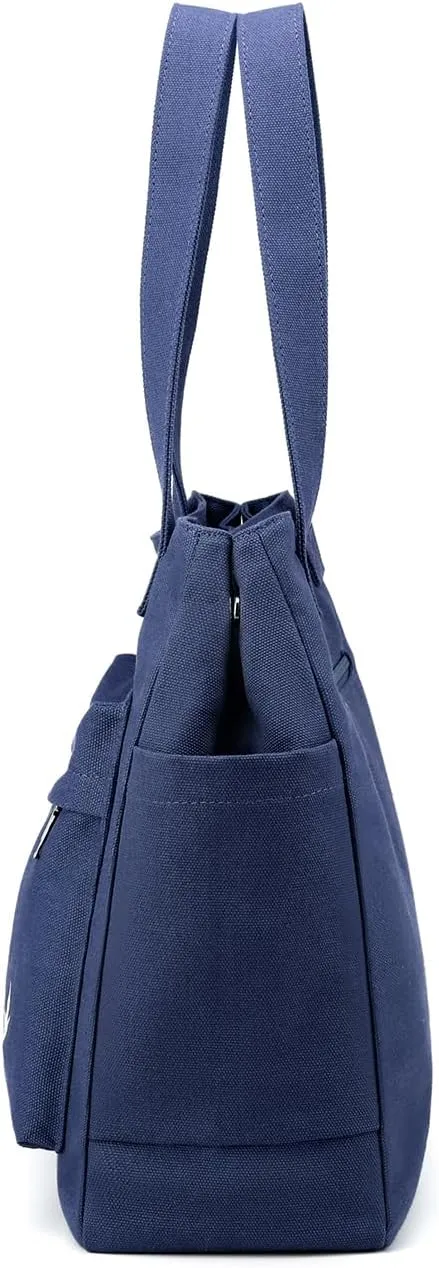 Canvas Tote Handbag Shoulder Bag with Zipper Front Back Side Pockets for Casual College Work
