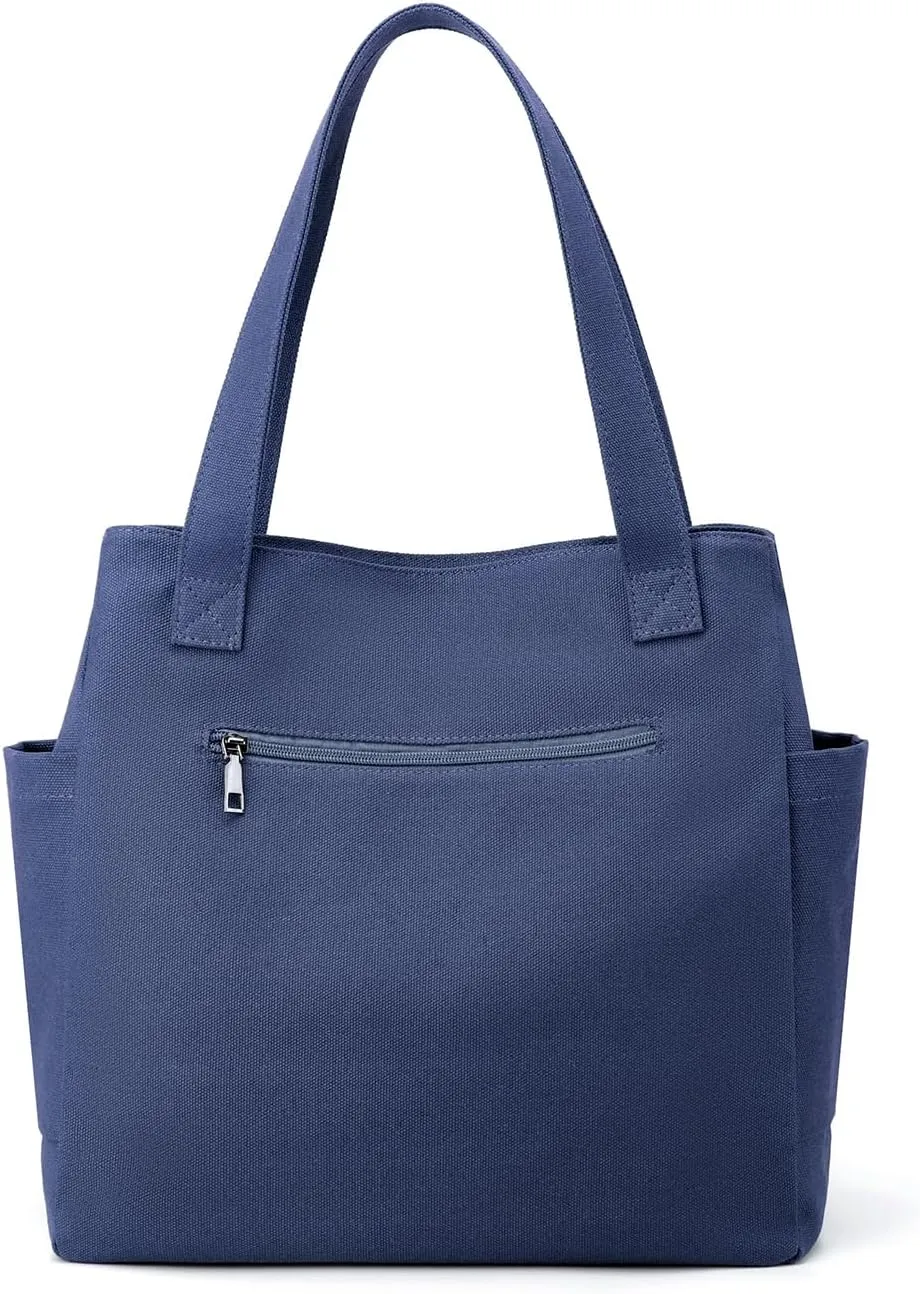 Canvas Tote Handbag Shoulder Bag with Zipper Front Back Side Pockets for Casual College Work