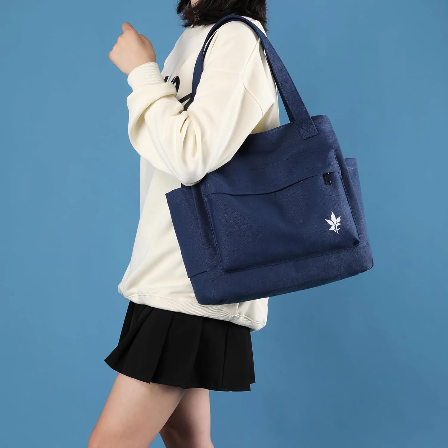 Canvas Tote Handbag Shoulder Bag with Zipper Front Back Side Pockets for Casual College Work