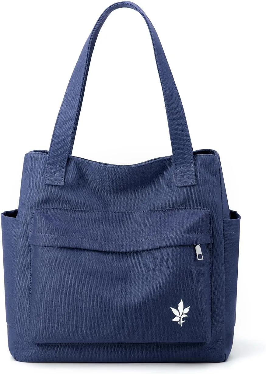 Canvas Tote Handbag Shoulder Bag with Zipper Front Back Side Pockets for Casual College Work