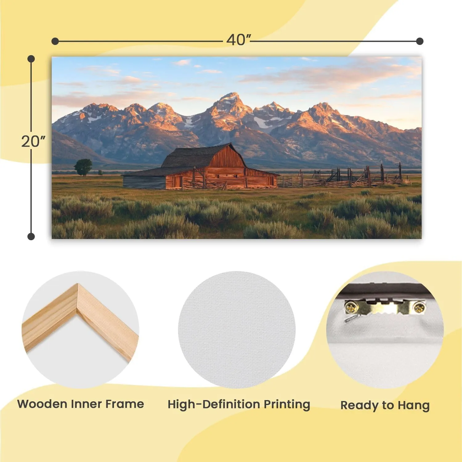 Canvas Wall Art Prints Moulton Barn Grand Teton Wyoming Large Framed Wall Art Painting Artwork Poster Hanging Home Decor for Living Room Office Bathroom 20"x40"