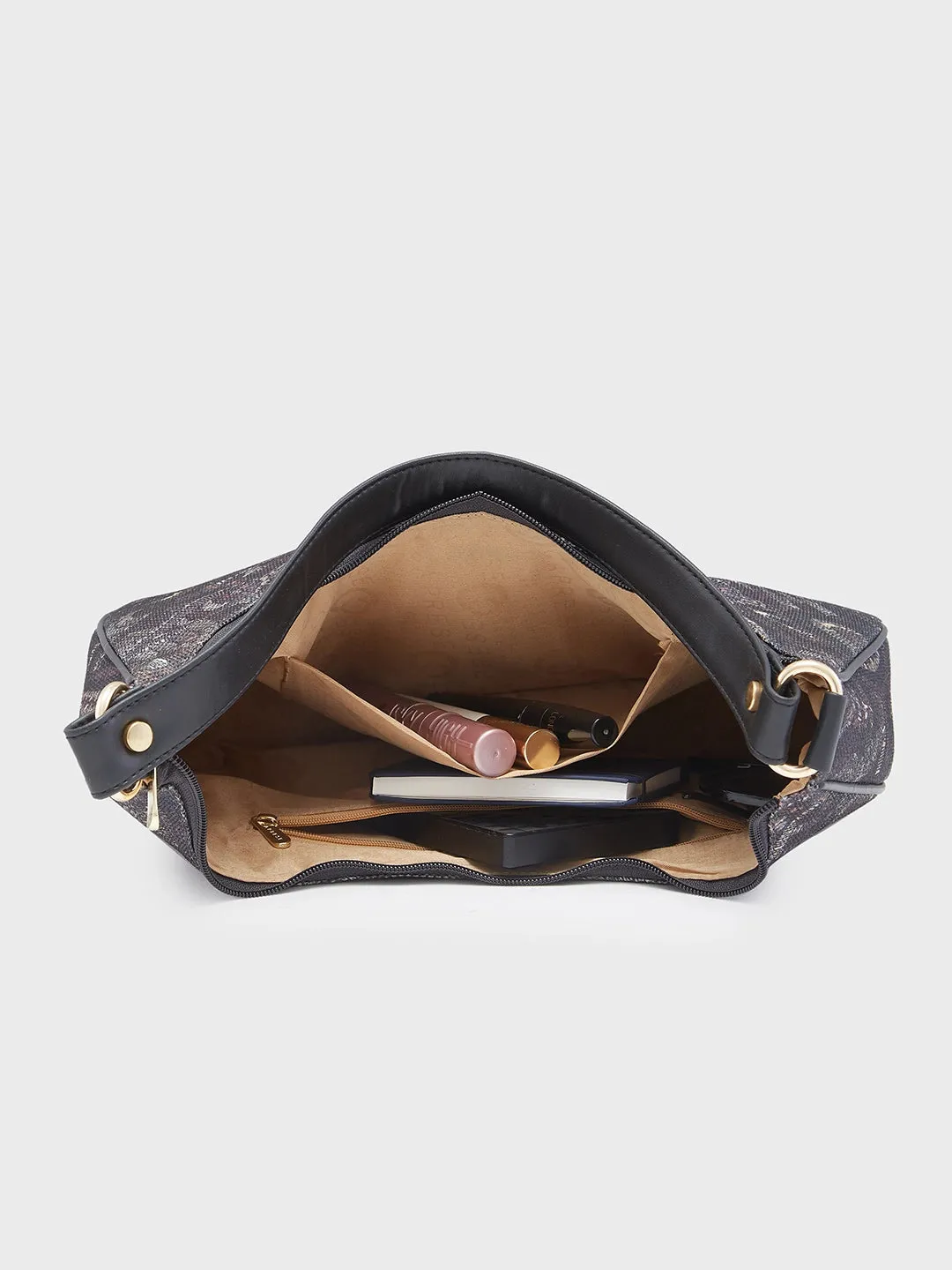 Caprese Kaya Medium Printed Black Hobo Bag