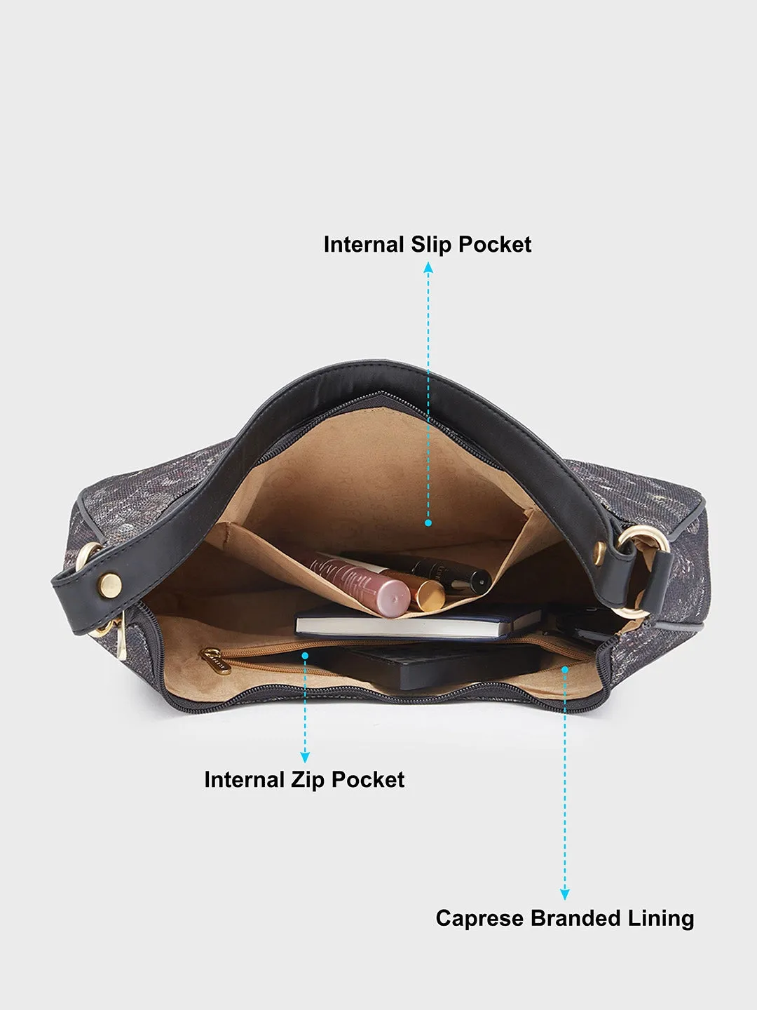 Caprese Kaya Medium Printed Black Hobo Bag