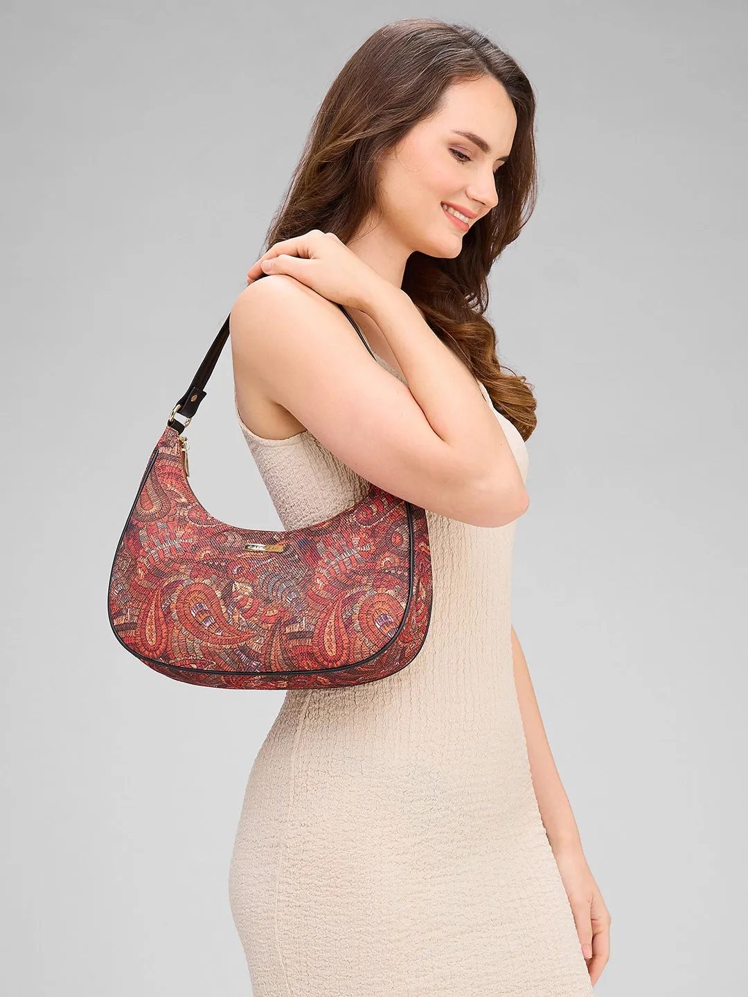 Caprese Kaya Printed Medium Red Hobo Bag