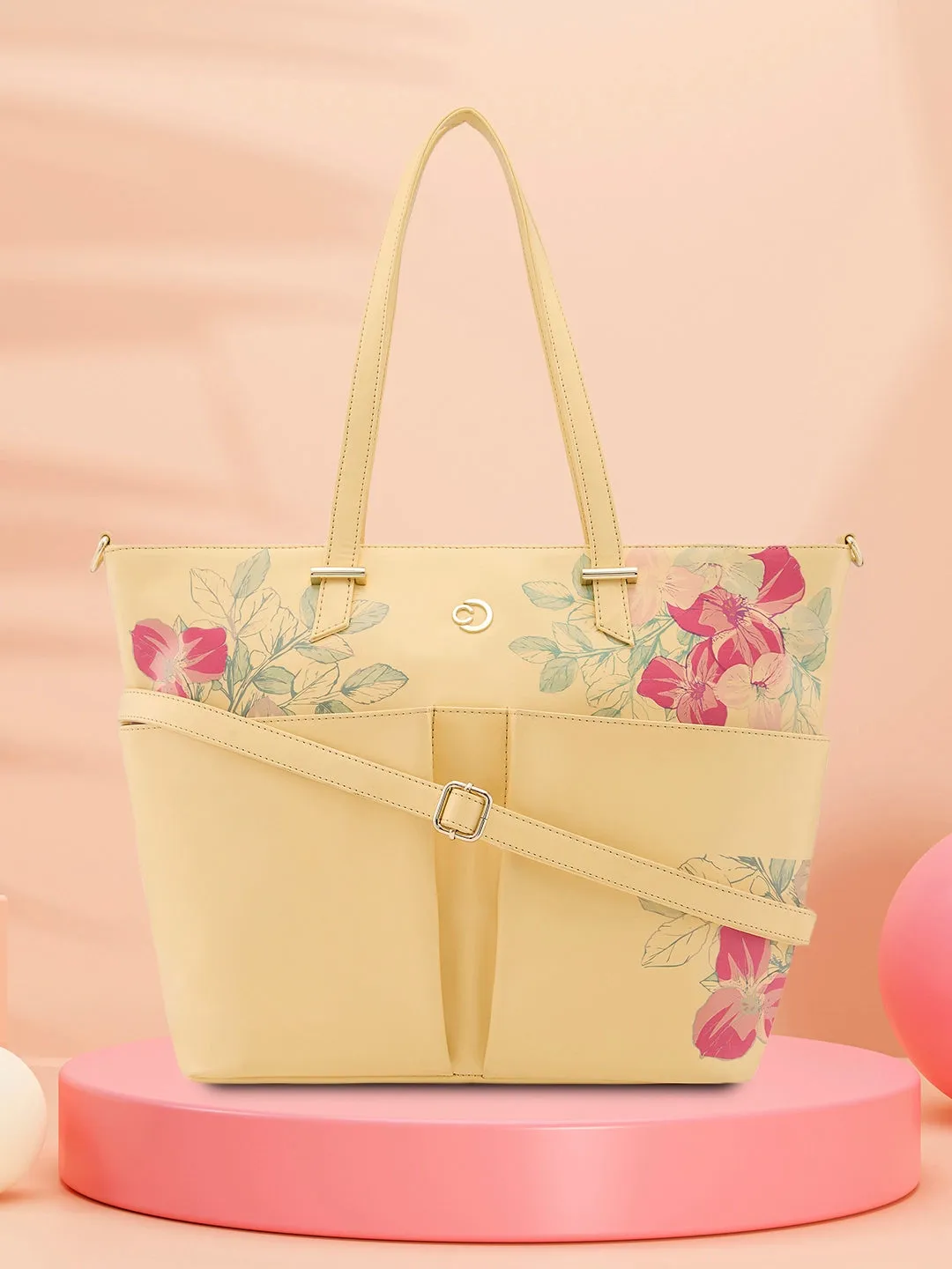 Caprese Shanaya Medium Printed Yellow Tote Bag