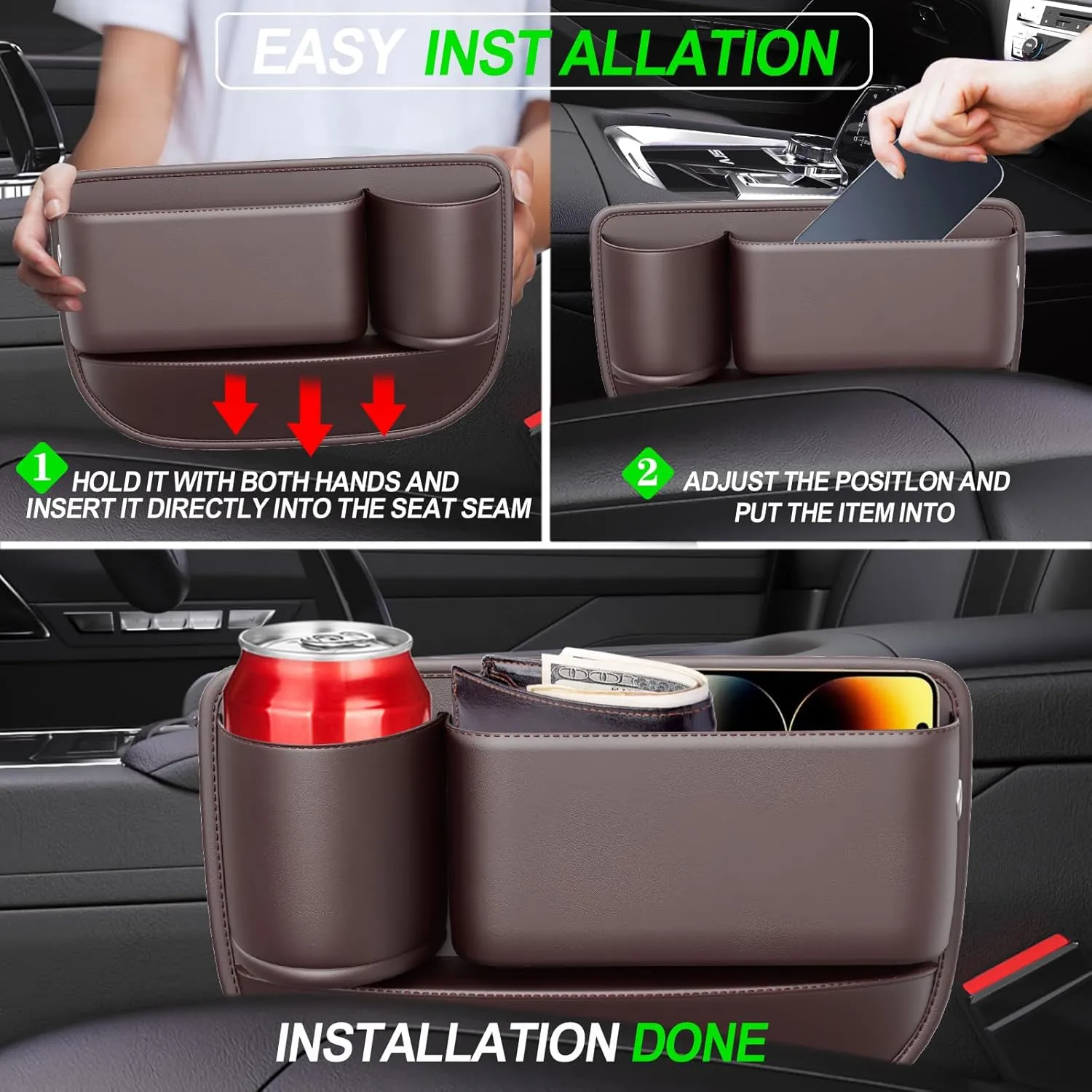 Car Leather Cup Holder Gap Bag, Car Seat Gap Filler, Universal Seat Gap Organizer, Adjustable Car Seat Storage Box, for Phones Glasses Keys Cards (Brown, Passenger Seat)