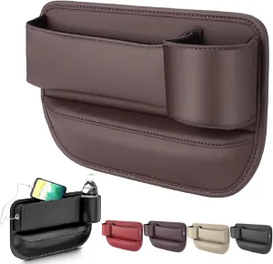 Car Leather Cup Holder Gap Bag, Car Seat Gap Filler, Universal Seat Gap Organizer, Adjustable Car Seat Storage Box, for Phones Glasses Keys Cards (Brown, Passenger Seat)