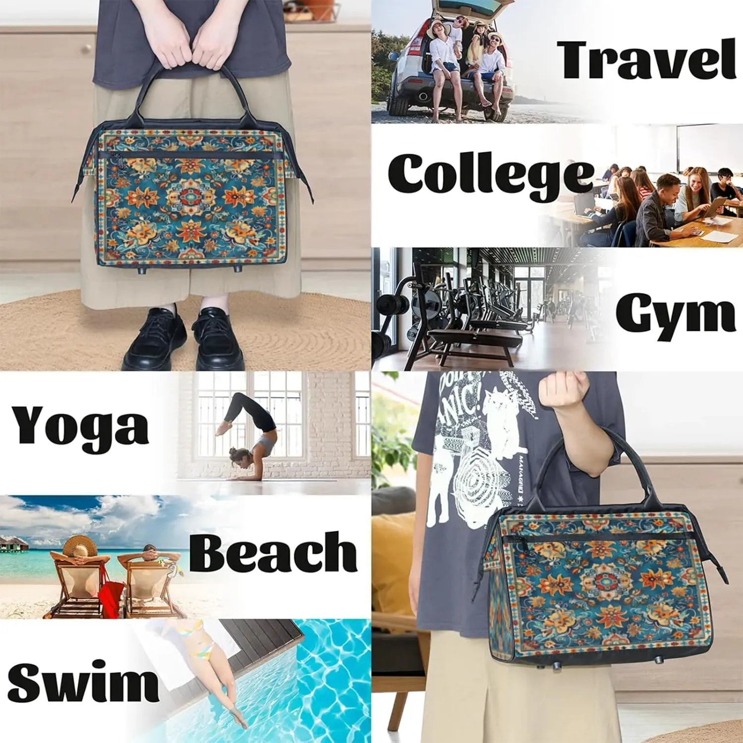 Carpet Flower Pattern Gym Bag for Women Men Travel Sports Duffel Bag with Trolley Sleeve Waterproof Sport Weekender Overnight Bag Carry On Tote Bag for Travel Gym Sport-7