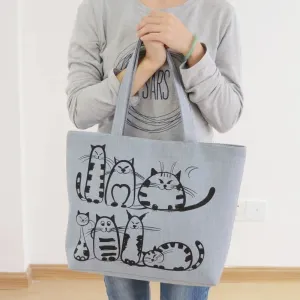 Cartoon Cats Printed Beach Zipper Bag Women Fashion Canvas Tote Shopping Handbags