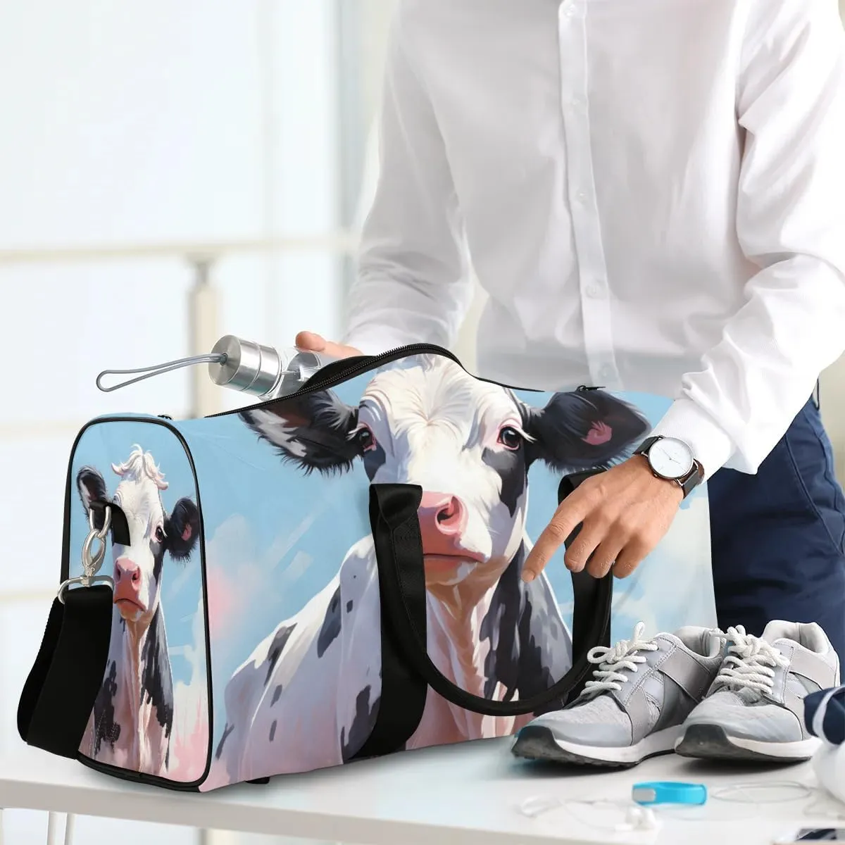Cartoon Cattle Print Travel Duffel Bag for Women Men Waterproof Foldable Overnight Weekender Bag Large Capacity Sports Gym Bag