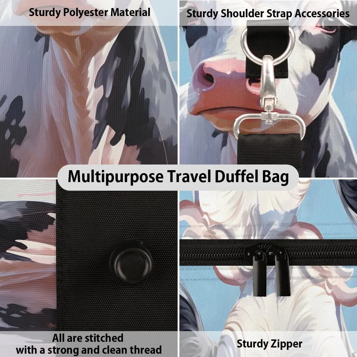 Cartoon Cattle Print Travel Duffel Bag for Women Men Waterproof Foldable Overnight Weekender Bag Large Capacity Sports Gym Bag