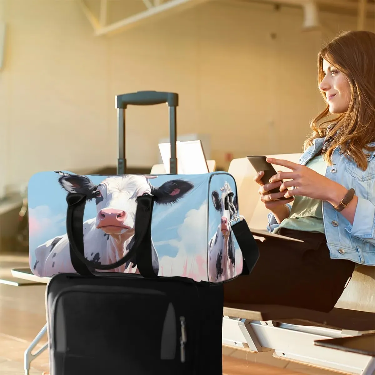 Cartoon Cattle Print Travel Duffel Bag for Women Men Waterproof Foldable Overnight Weekender Bag Large Capacity Sports Gym Bag