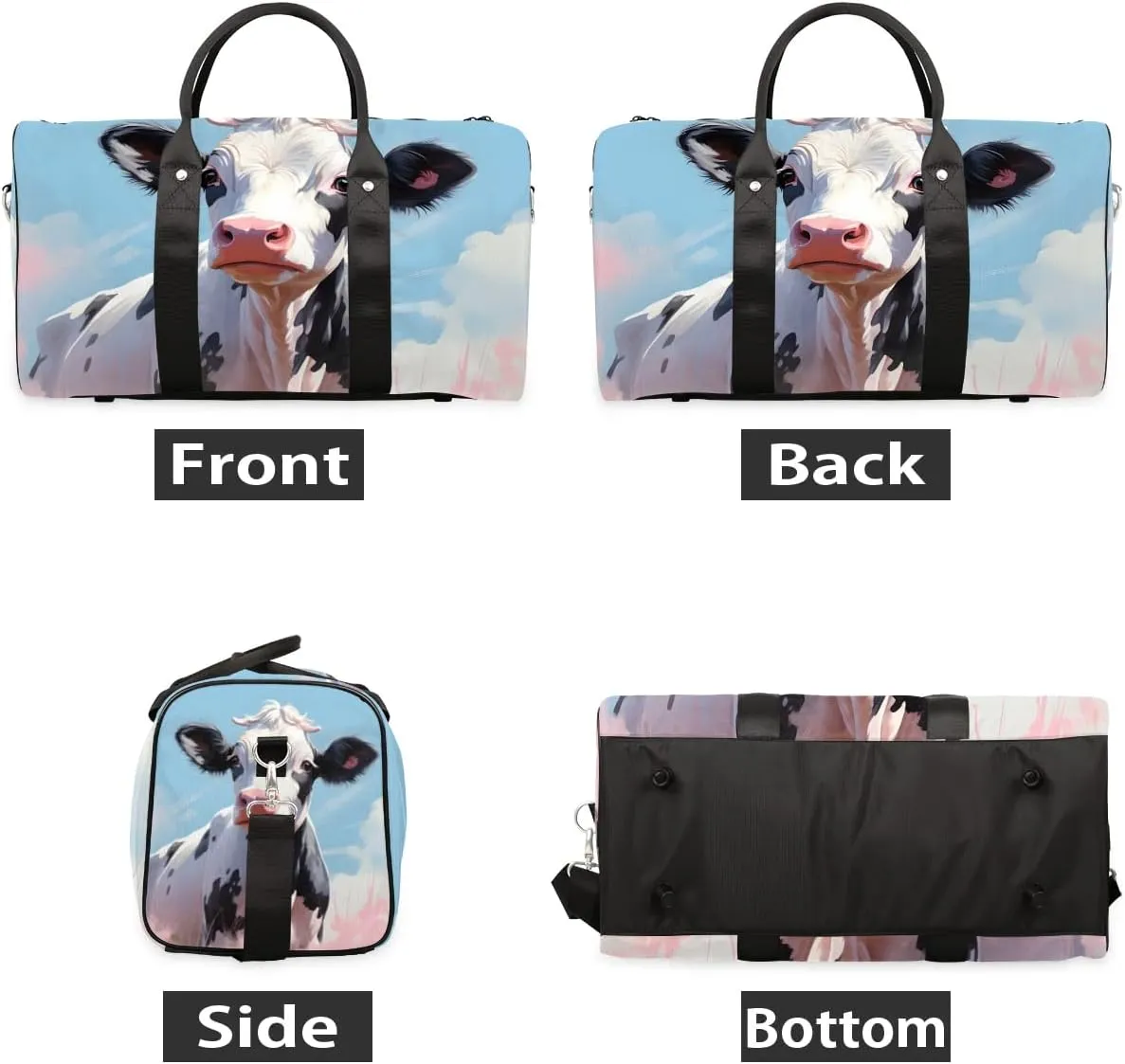 Cartoon Cattle Print Travel Duffel Bag for Women Men Waterproof Foldable Overnight Weekender Bag Large Capacity Sports Gym Bag