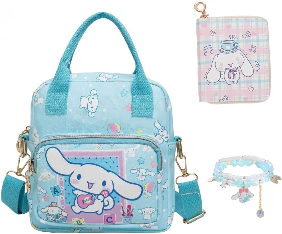 Cartoon Mini Crossbody Bag, Cute Mini Wallet for Women and Girl, PU Messenger Shoulder Bag Purse and Bracelet, 3Pcs