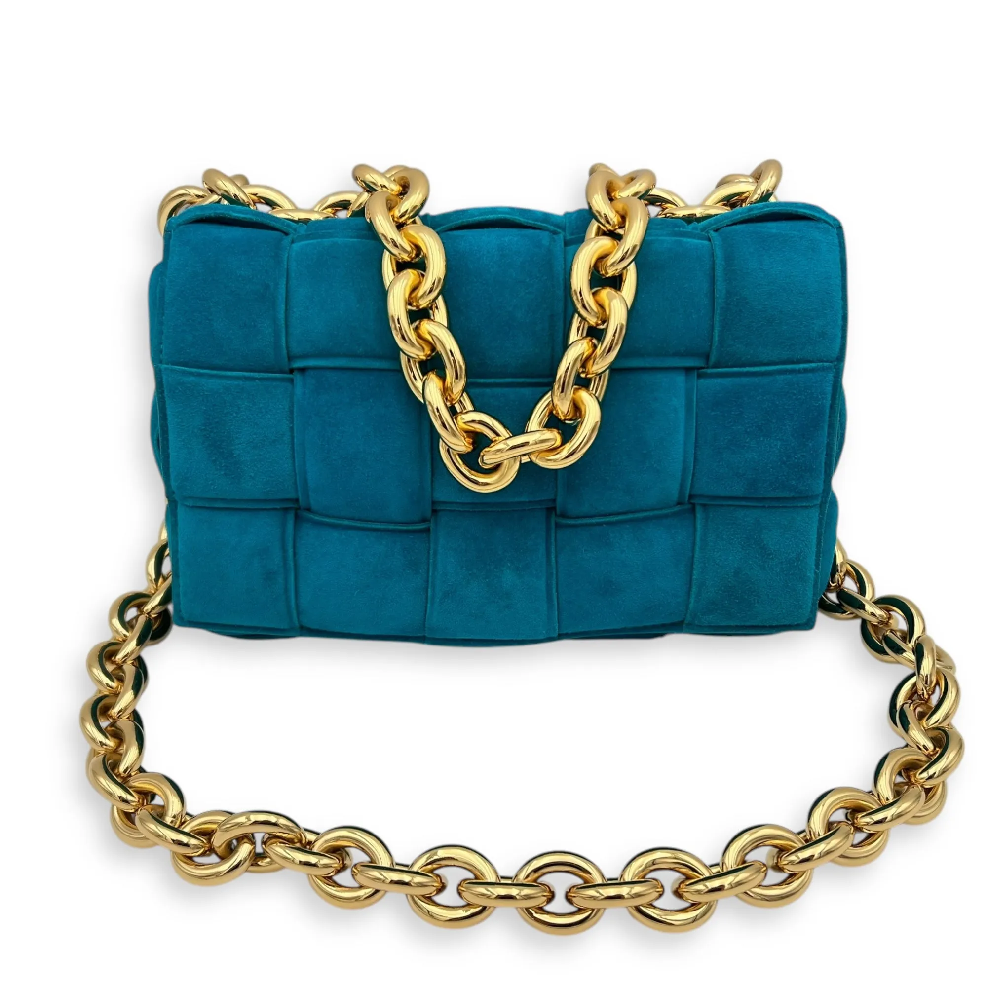 Cassette Crossbody Bag Blue in Suede Leather, Gold hardware