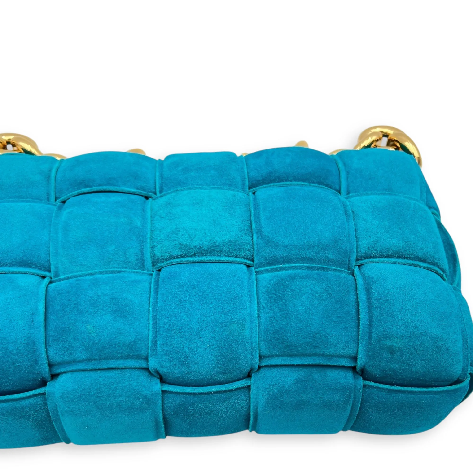 Cassette Crossbody Bag Blue in Suede Leather, Gold hardware