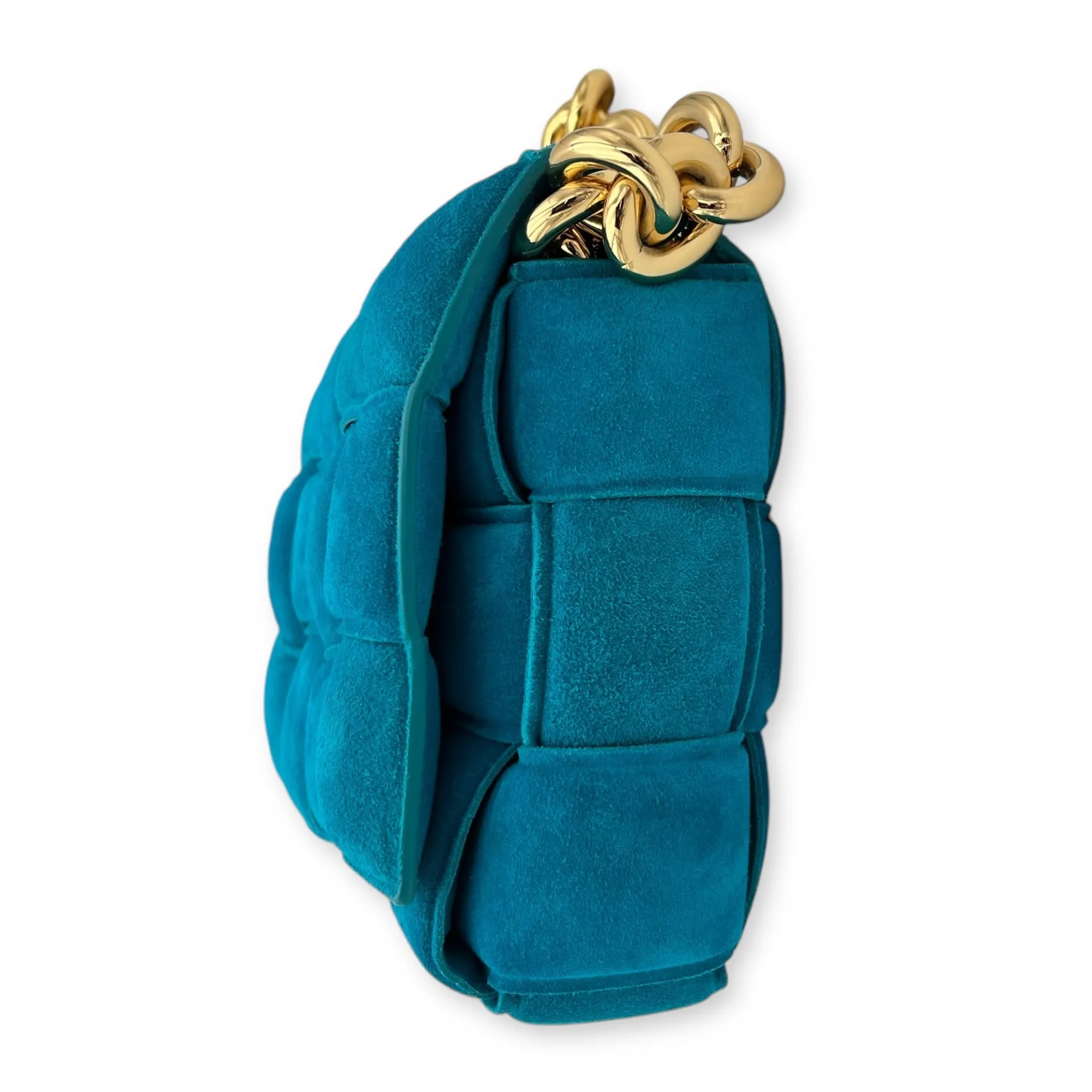 Cassette Crossbody Bag Blue in Suede Leather, Gold hardware
