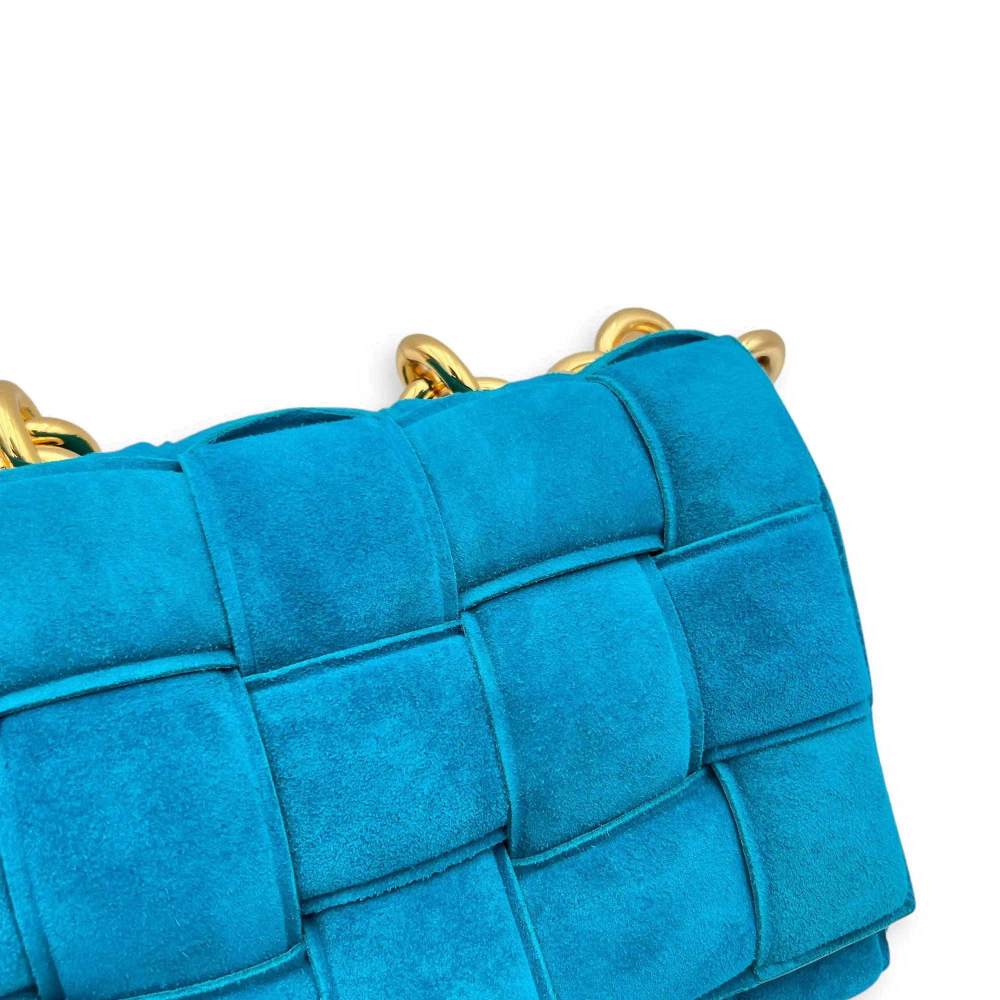Cassette Crossbody Bag Blue in Suede Leather, Gold hardware
