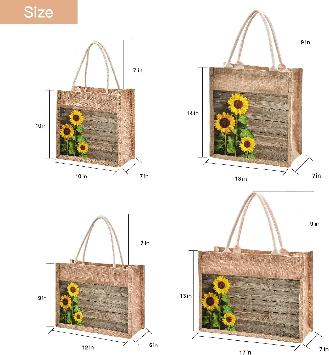 CaTaKu Sunflower Wooden Jute Tote Bags with Handles & Zipper Large Shopping Grocery Bags Burlap Bags with Front Canvas Pocket Gift Bags for Women 17" x 13"